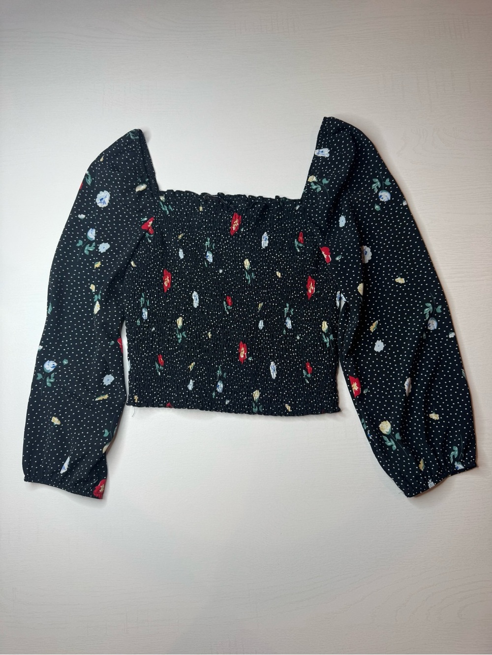 Abercrombie & Fitch Black Floral Smocked Square-Neck Crop Top